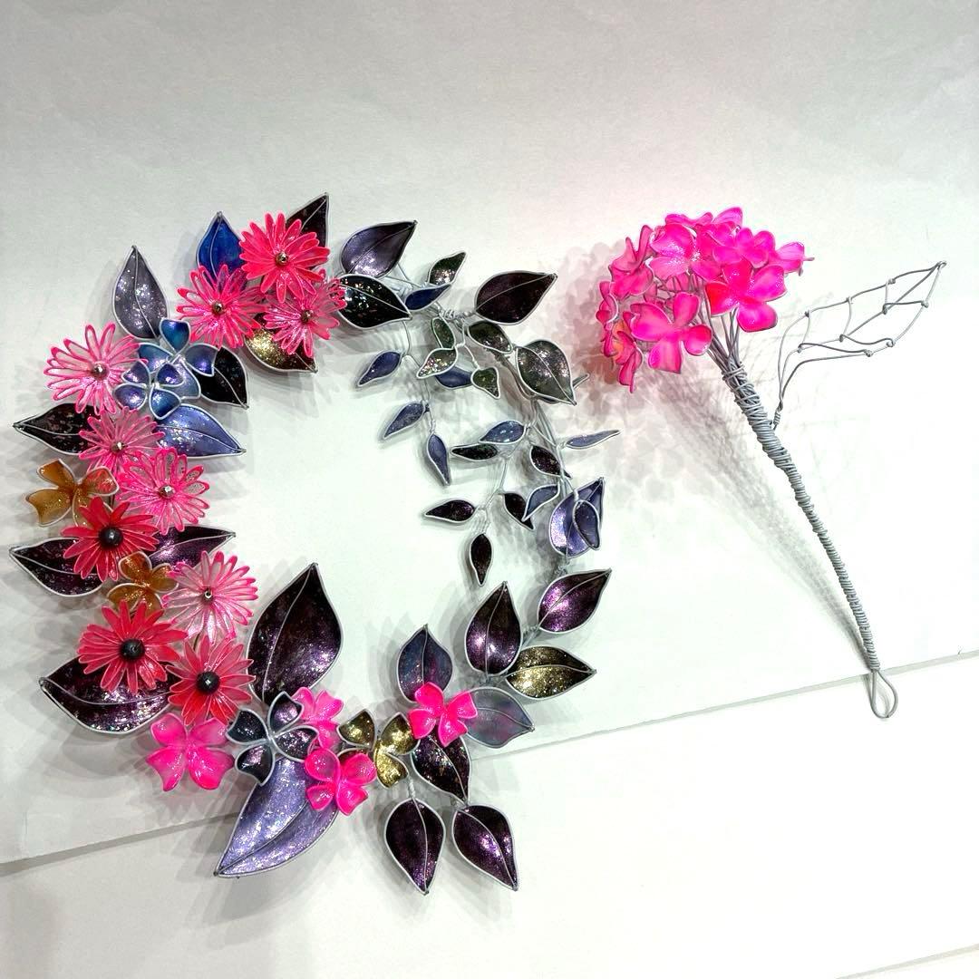 2点セット　ネオンフラワーリース　紫陽花一輪　ワイヤークラフト　ディップアート