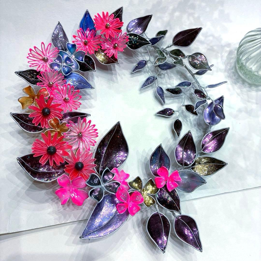 2点セット　ネオンフラワーリース　紫陽花一輪　ワイヤークラフト　ディップアート