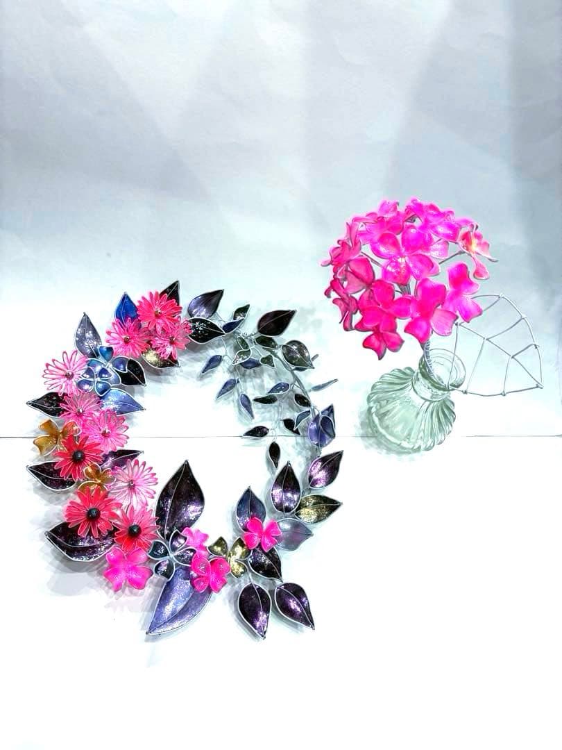 2点セット　ネオンフラワーリース　紫陽花一輪　ワイヤークラフト　ディップアート