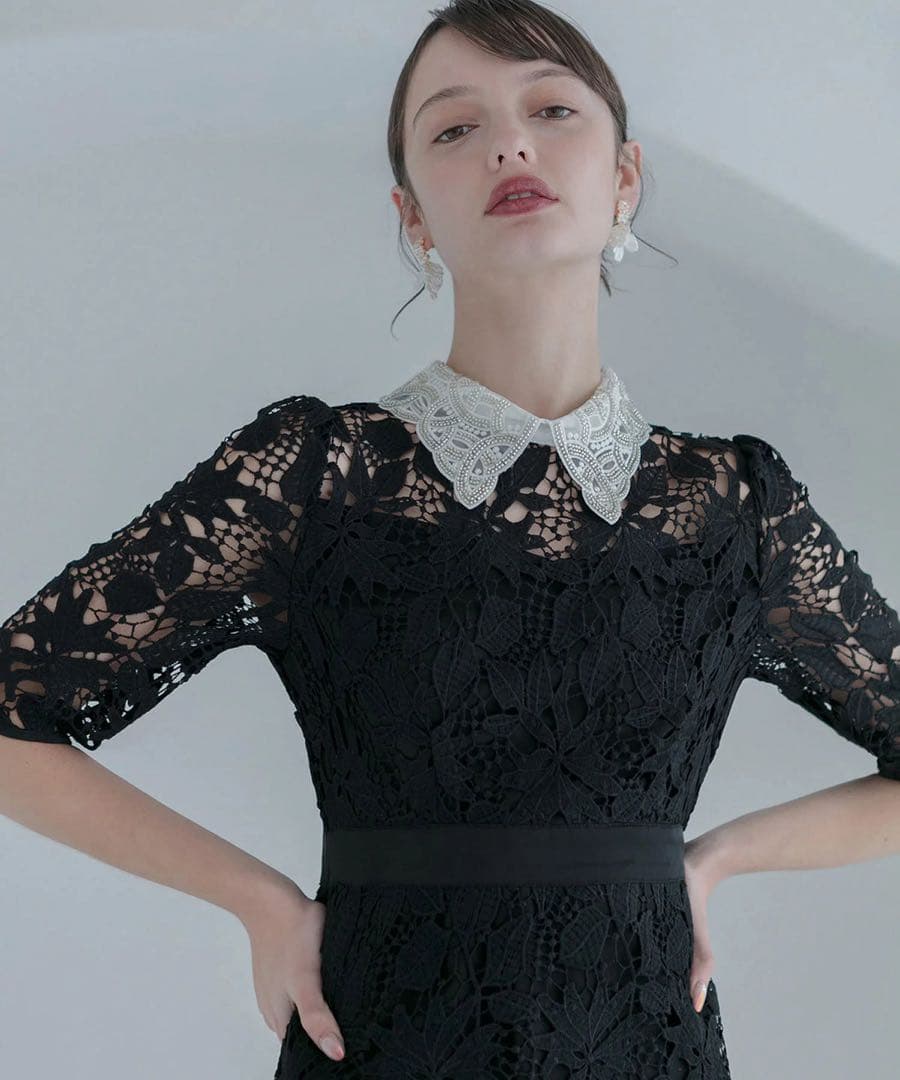 LEJA 花柄レースビジューカラーAラインワンピースドレス