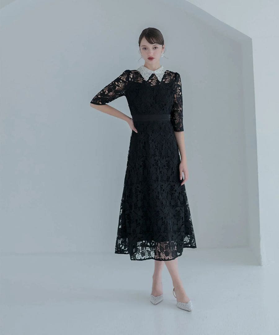 LEJA 花柄レースビジューカラーAラインワンピースドレス