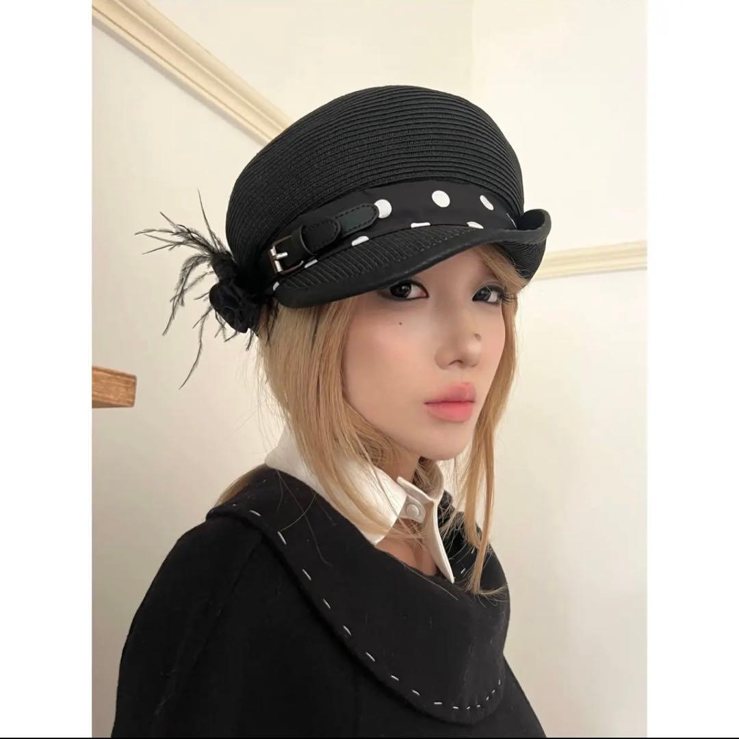 帽子 nit alcove Black polka dot straw hat