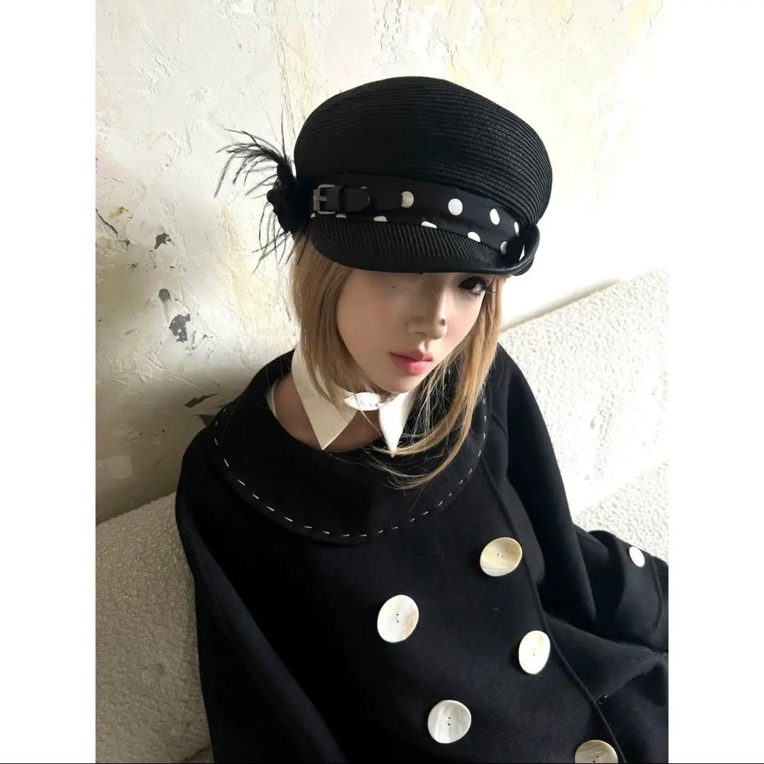 帽子 nit alcove Black polka dot straw hat