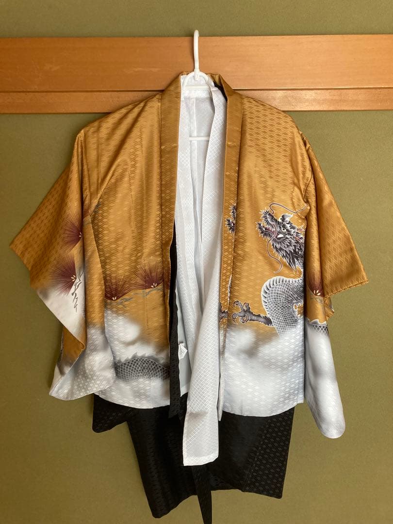 京越卸屋　七五三 着物セット 12点 鷹龍-金茶-藍鼠袴　男の子 5歳