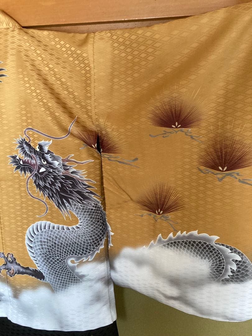 京越卸屋　七五三 着物セット 12点 鷹龍-金茶-藍鼠袴　男の子 5歳