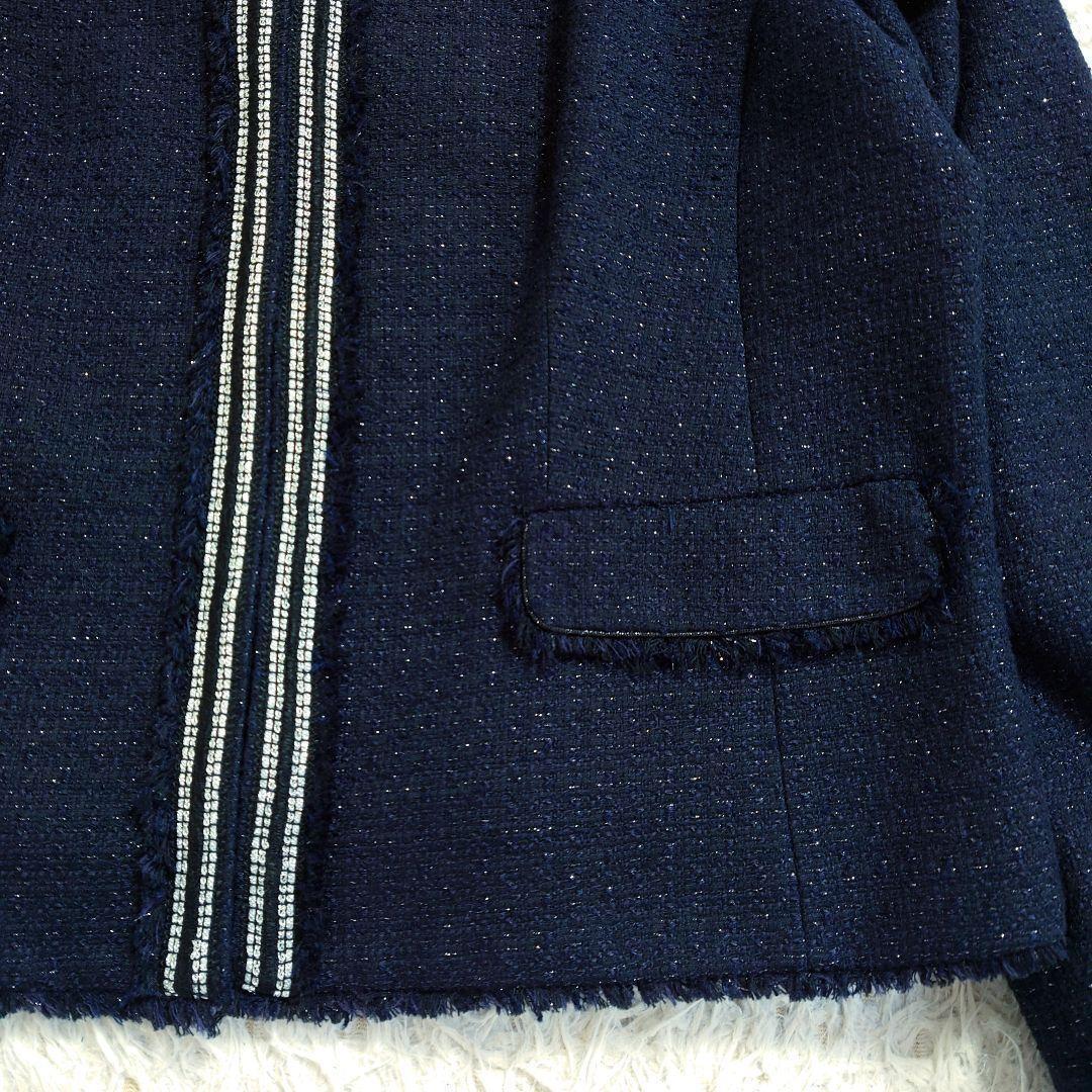 希少　大きいサイズ　23区　ツイードノーカラージャケット　ネイビー　ラメ　48