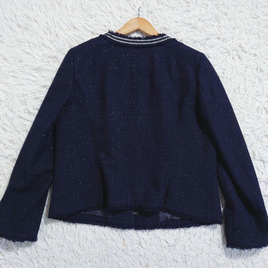 希少　大きいサイズ　23区　ツイードノーカラージャケット　ネイビー　ラメ　48