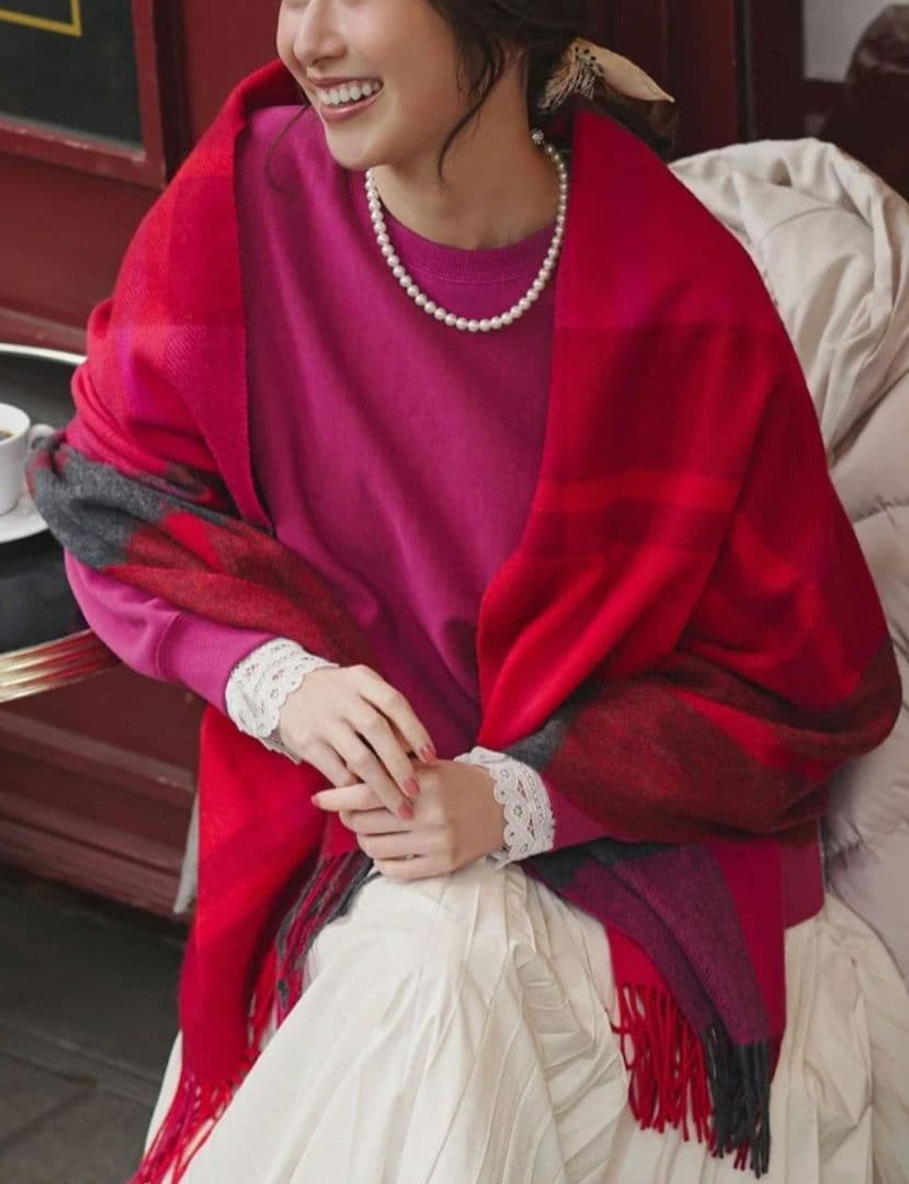 23区カシミヤ チェックストール　ピンク系(#310)