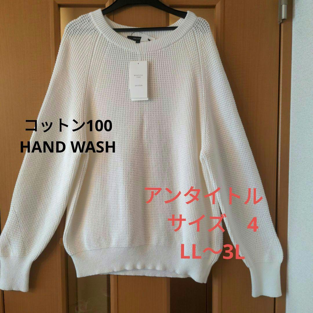 XL〜3L　アンタイトル　HAND WASH　コットンニット　長袖　白　春ニット