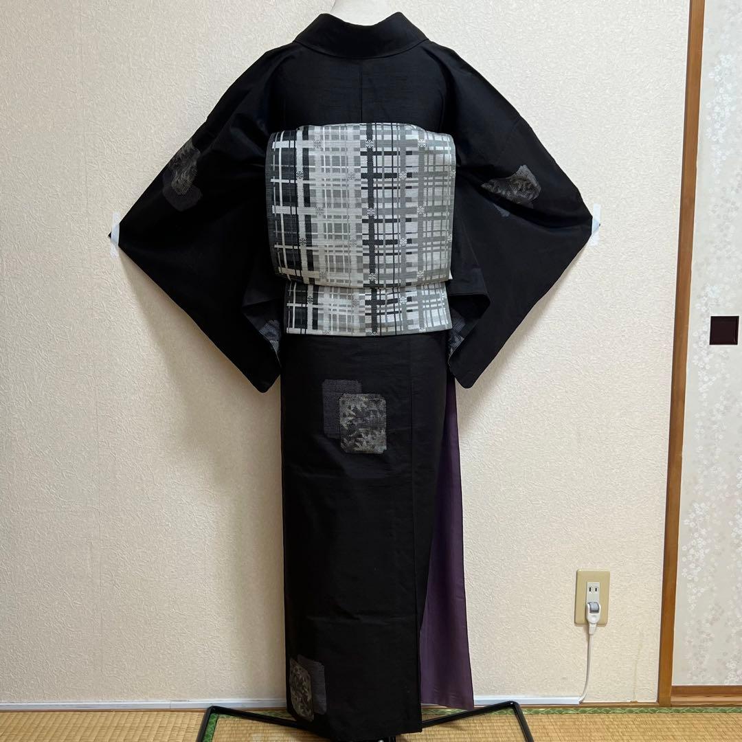 rk-1138 紬 名古屋帯 2点セット 幾何学に葉文様 正絹 黒