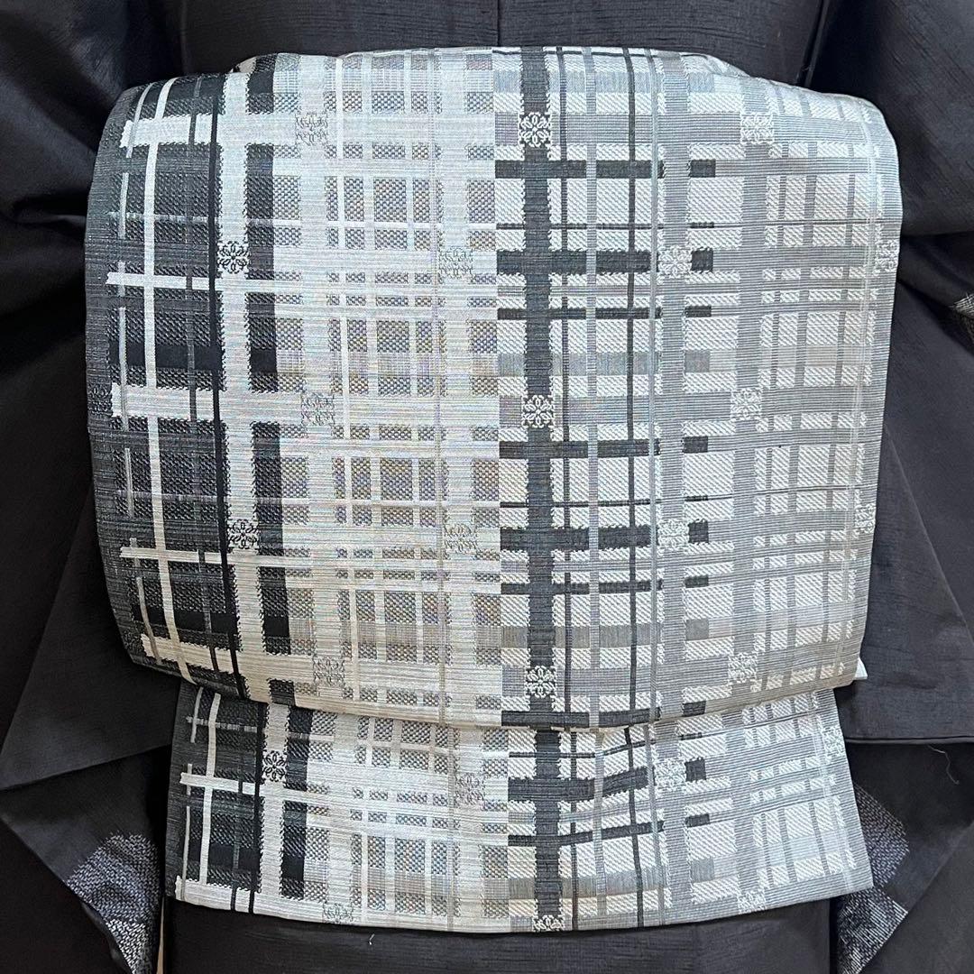 rk-1138 紬 名古屋帯 2点セット 幾何学に葉文様 正絹 黒