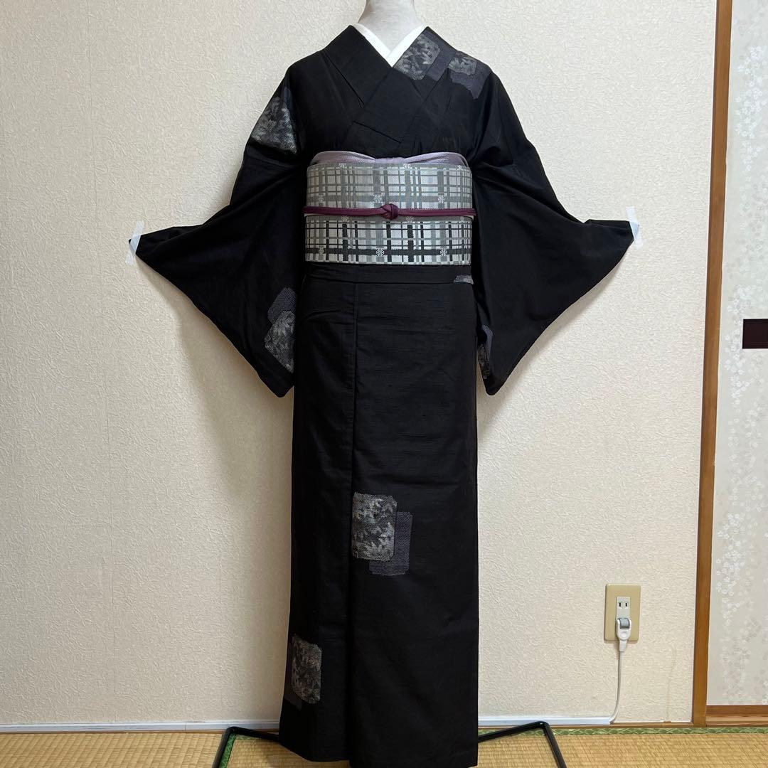 rk-1138 紬 名古屋帯 2点セット 幾何学に葉文様 正絹 黒