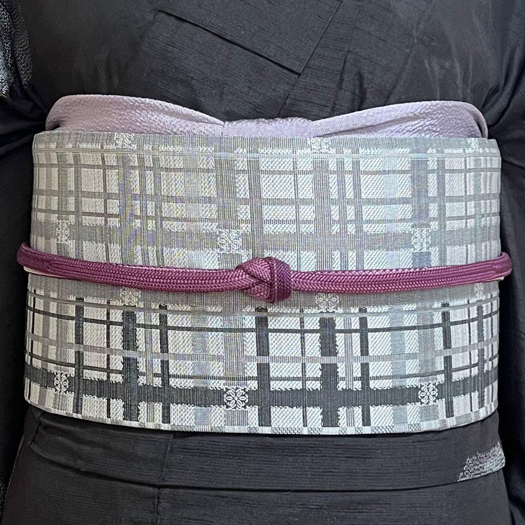 rk-1138 紬 名古屋帯 2点セット 幾何学に葉文様 正絹 黒