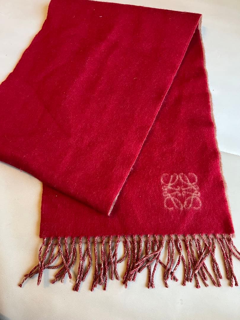 LOEWE リバーシブルマフラー 赤 ベージュ