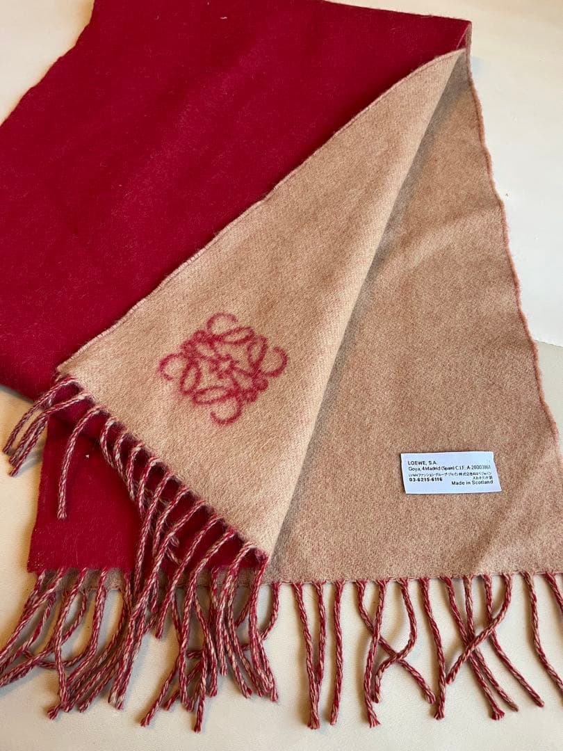 LOEWE リバーシブルマフラー 赤 ベージュ