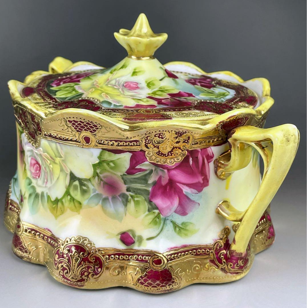 【希少】オールドノリタケ 約２３cm 薔薇紋 ビスケットジャー メープルリーフ