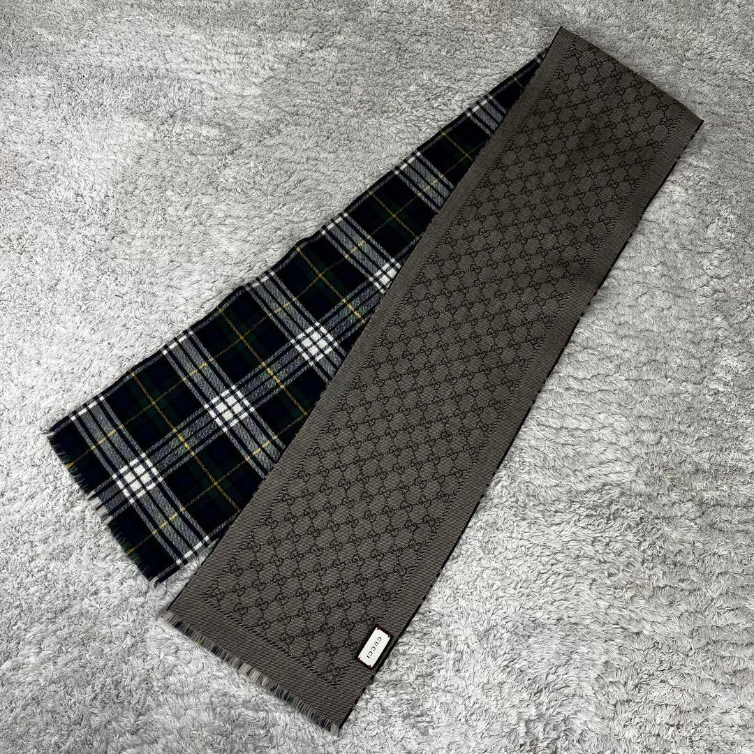 GUCCI グッチ　タータンチェック　マフラー　GG柄　グリーン