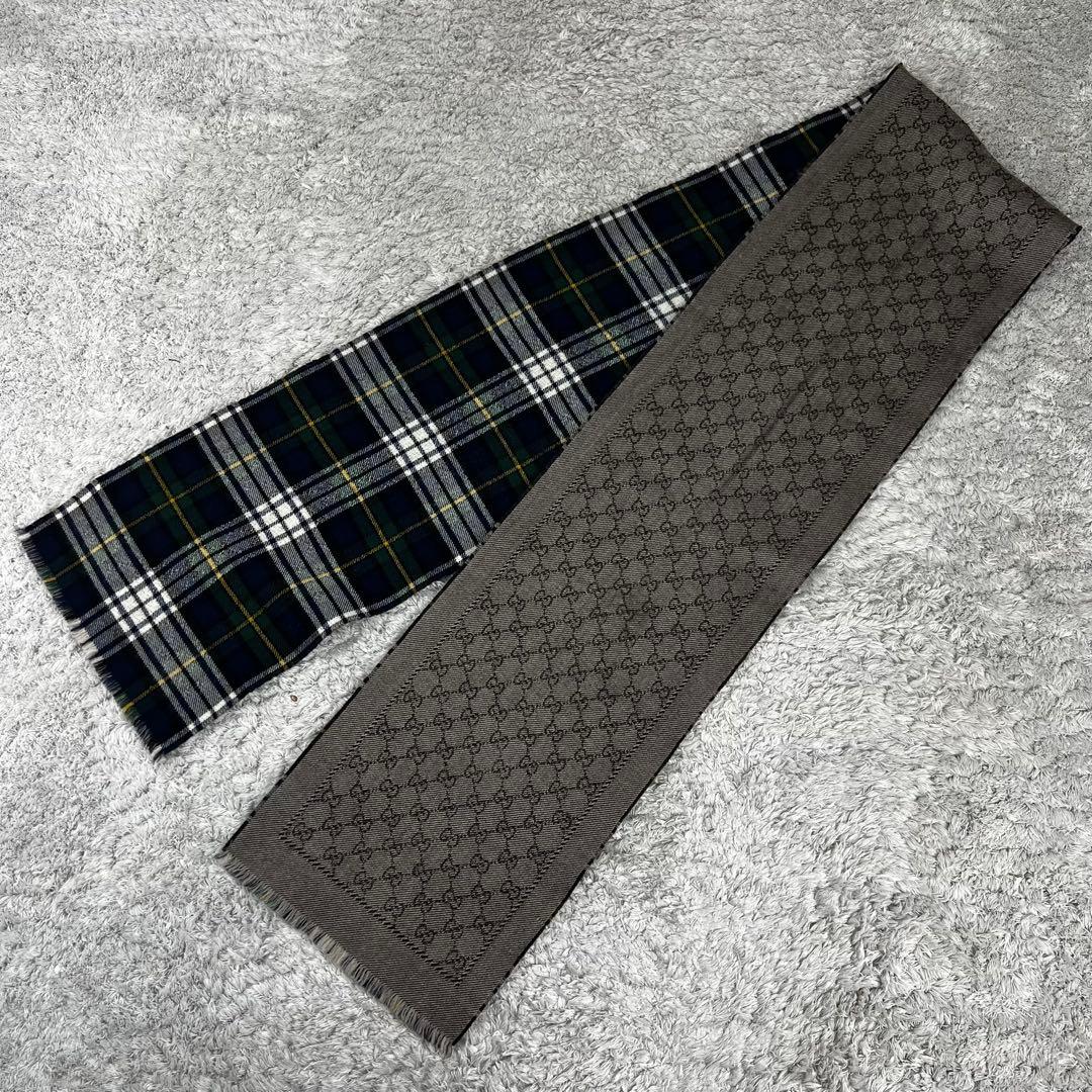 GUCCI グッチ　タータンチェック　マフラー　GG柄　グリーン