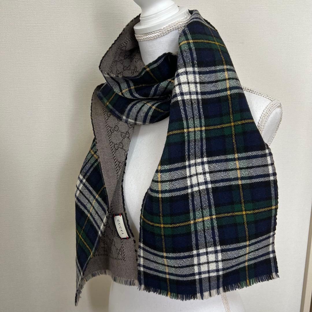 GUCCI グッチ　タータンチェック　マフラー　GG柄　グリーン