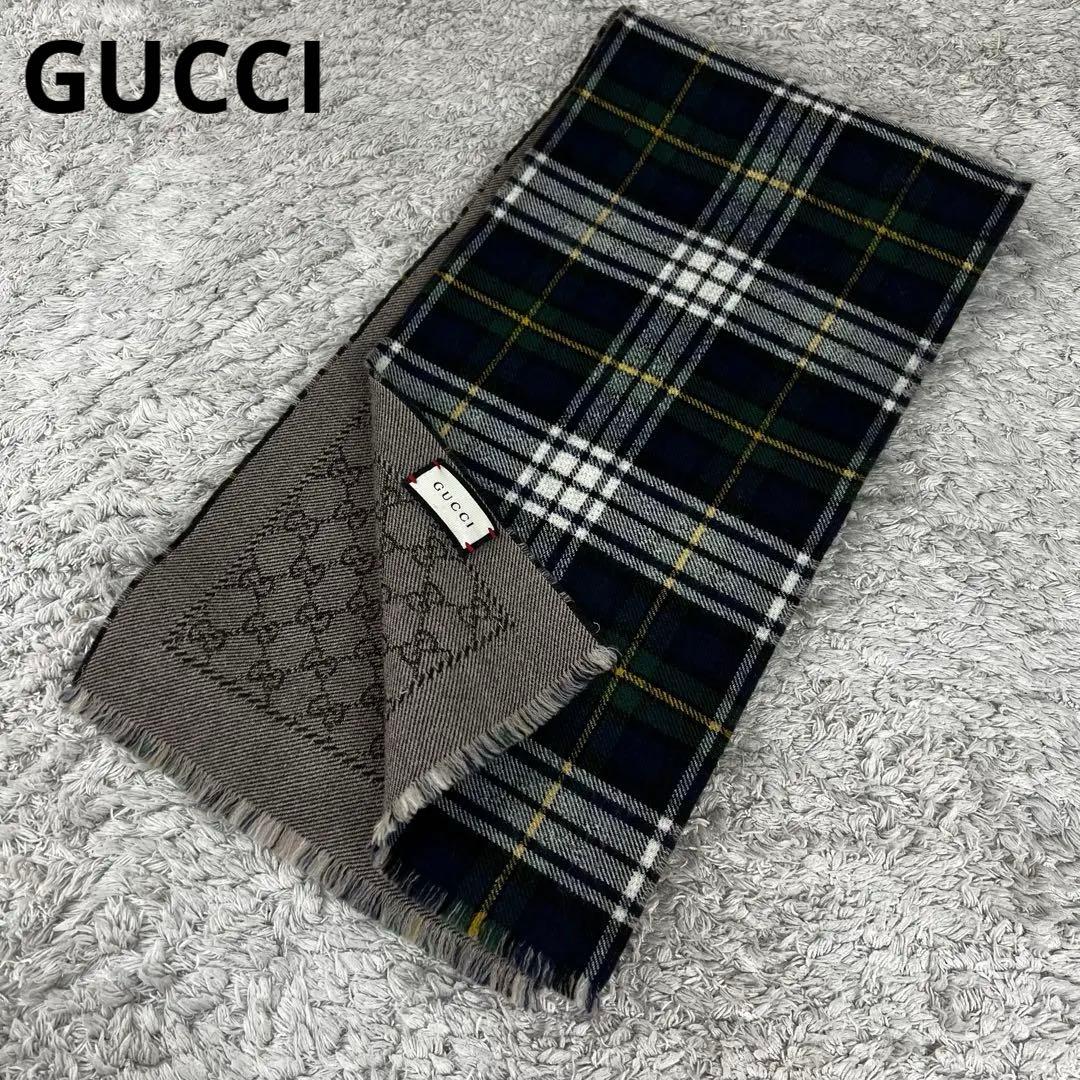 GUCCI グッチ　タータンチェック　マフラー　GG柄　グリーン