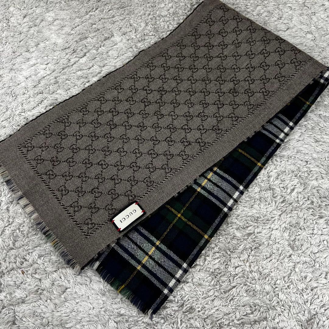 GUCCI グッチ　タータンチェック　マフラー　GG柄　グリーン