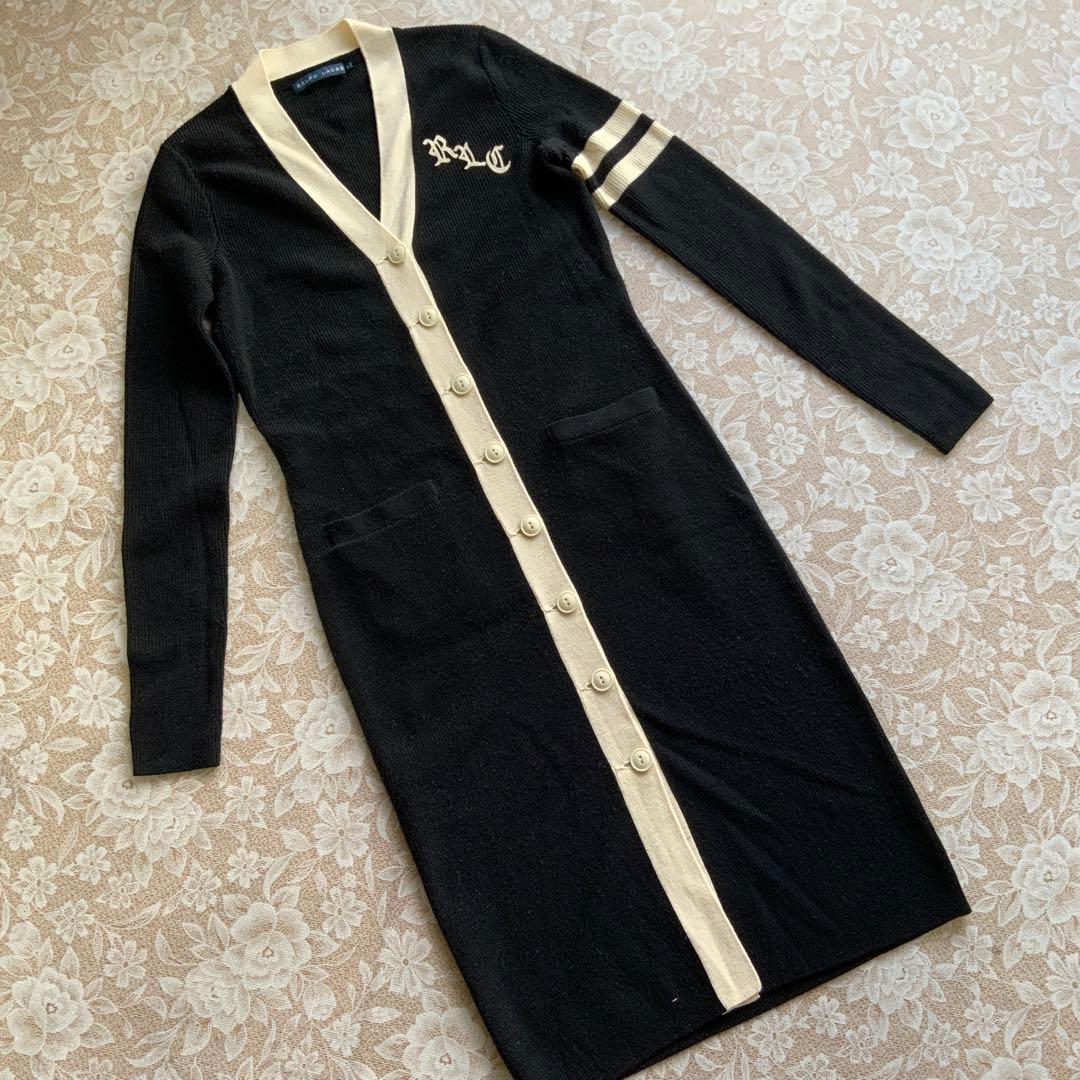 ラルフローレン　カシミヤ混ウール　ロングニットワンピース S黒×アイボリー