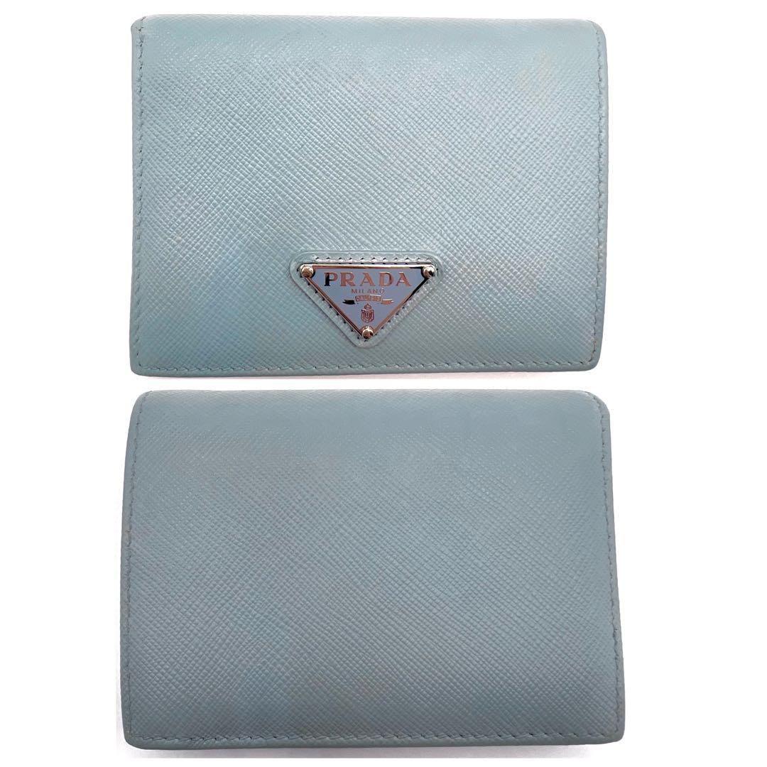 美品/現行✨プラダ 二つ折り財布 三角ロゴ レザー RFID ライトブルー 水色