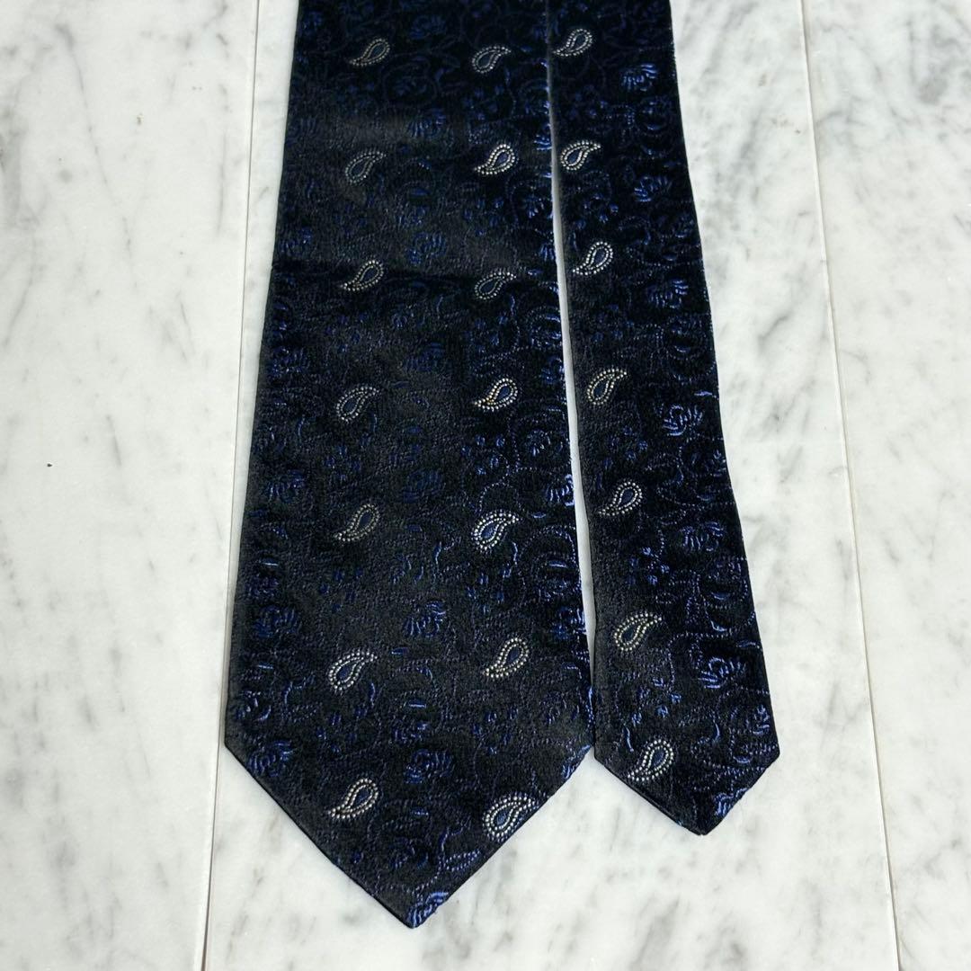ETRO ネクタイ ブラック ネイビー 光沢 ペイズリー柄 ボタニカル柄