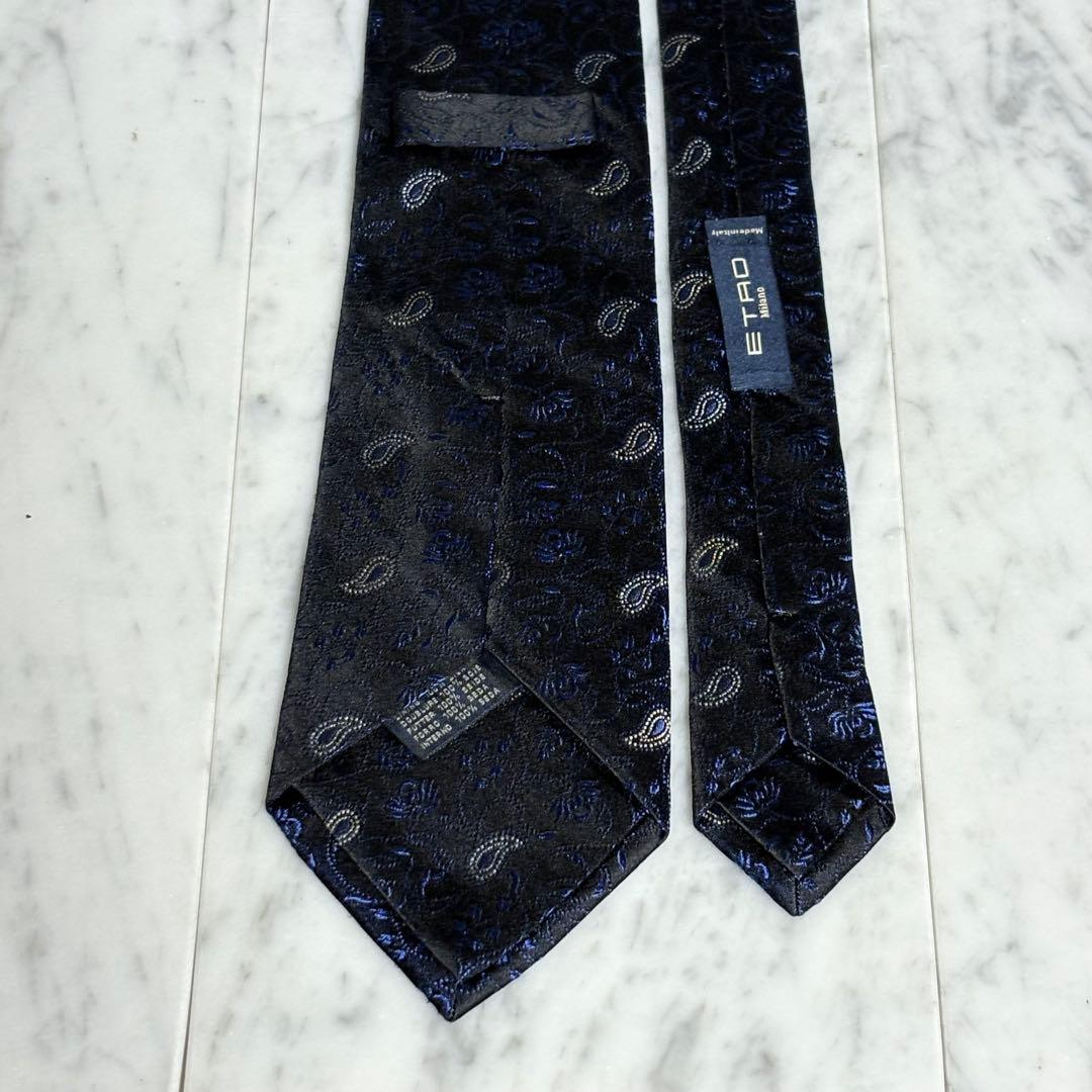 ETRO ネクタイ ブラック ネイビー 光沢 ペイズリー柄 ボタニカル柄