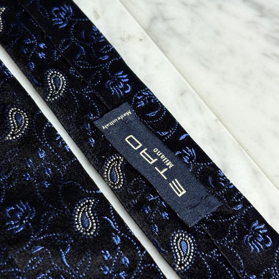 ETRO ネクタイ ブラック ネイビー 光沢 ペイズリー柄 ボタニカル柄
