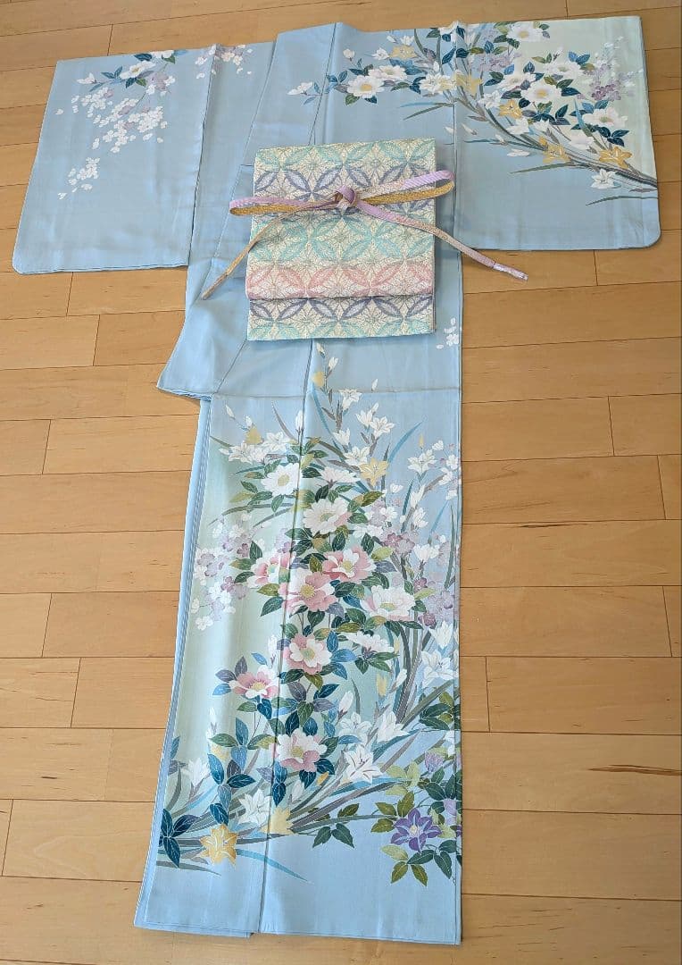 訪問着フルセット　作家物友禅　薄水色　高級袋帯　結婚式　入学式　　訪問着セット