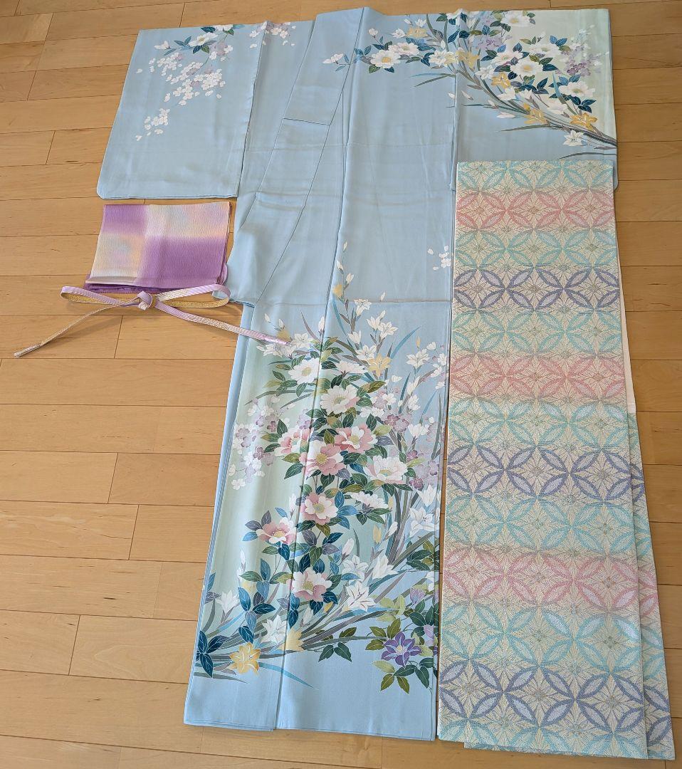 訪問着フルセット　作家物友禅　薄水色　高級袋帯　結婚式　入学式　　訪問着セット