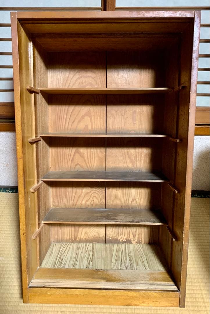 ☆【ダイヤガラス】引戸食器棚 水屋箪笥 昭和レトロ アンティーク 5段 木製