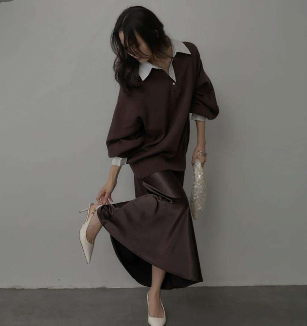 ブラウン　襟付きポロトップス+ナローAラインサテンスカート　nairo