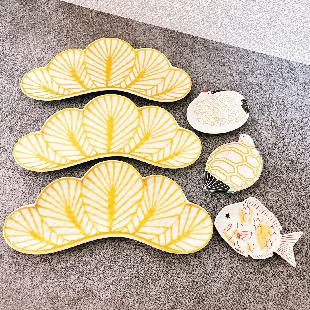 リリスご依頼品　幸楽窯　錦金松葉形前菜皿　白金　鶴亀鯛小皿　6点セット