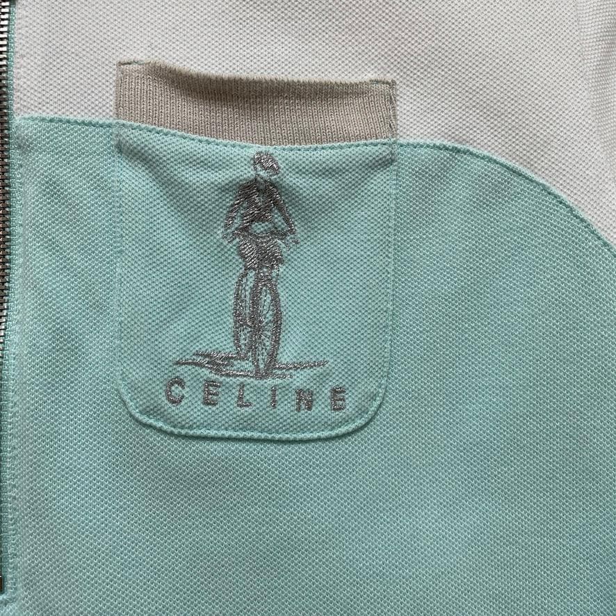 美品 セリーヌ CELINE ポロシャツ 鹿の子 バイカラー ロゴ ハーフジップ
