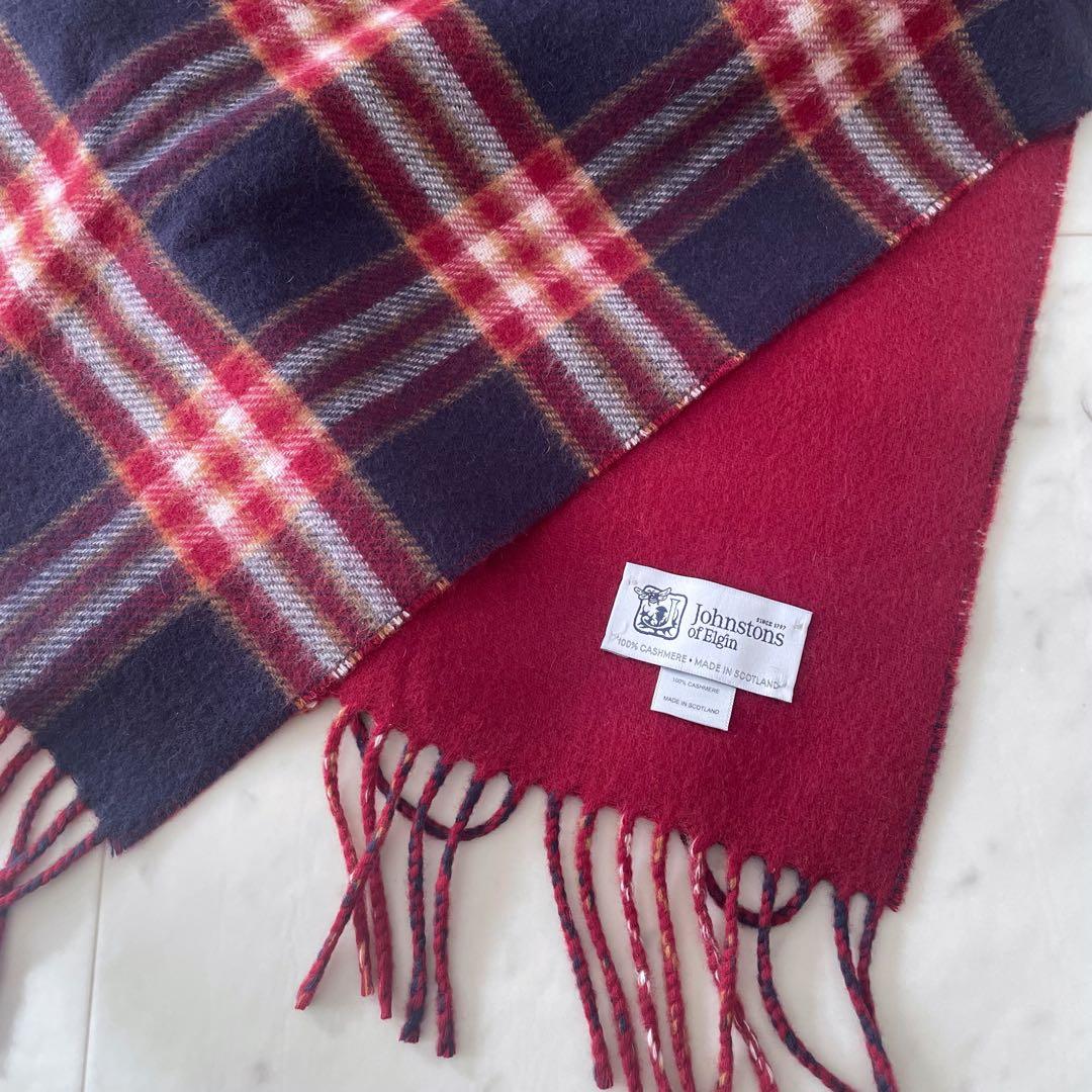 未使用＊ジョンストンズ フリンジマフラー カシミヤ100% チェック