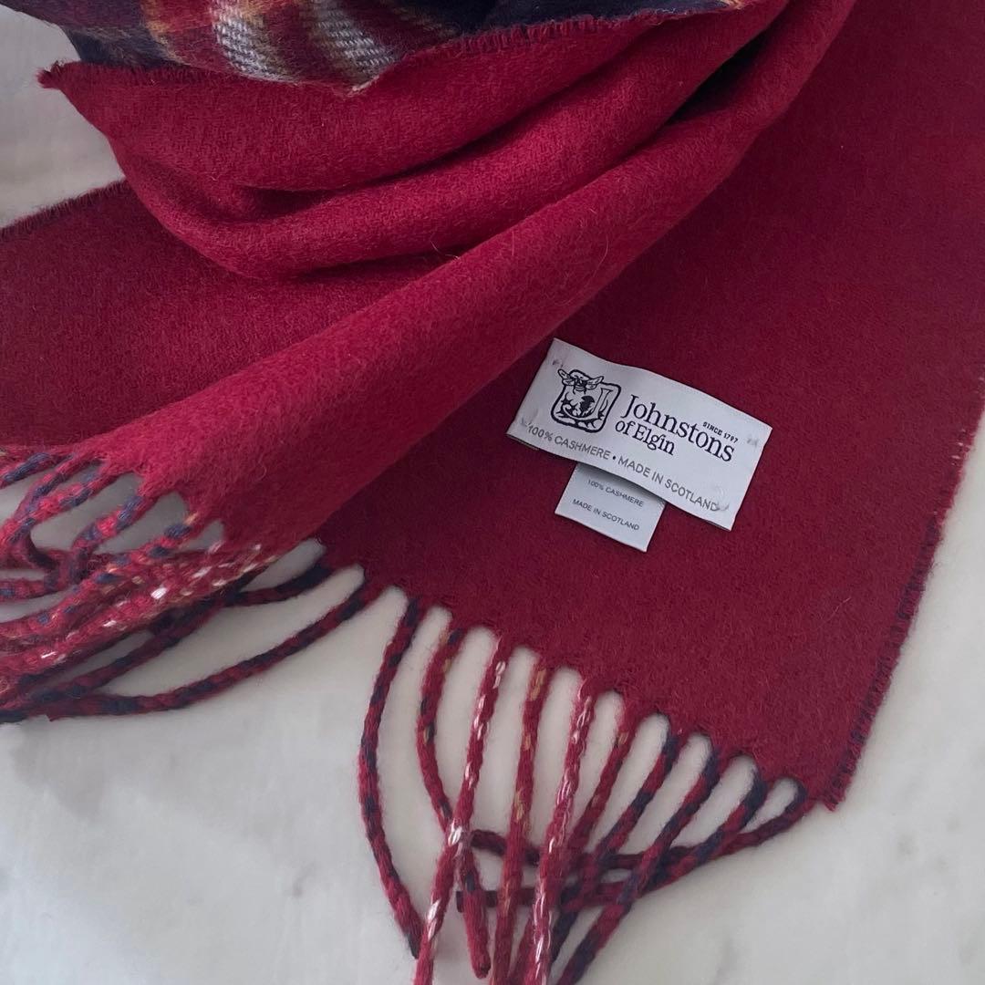 未使用＊ジョンストンズ フリンジマフラー カシミヤ100% チェック