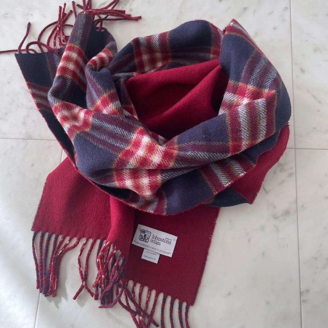 未使用＊ジョンストンズ フリンジマフラー カシミヤ100% チェック