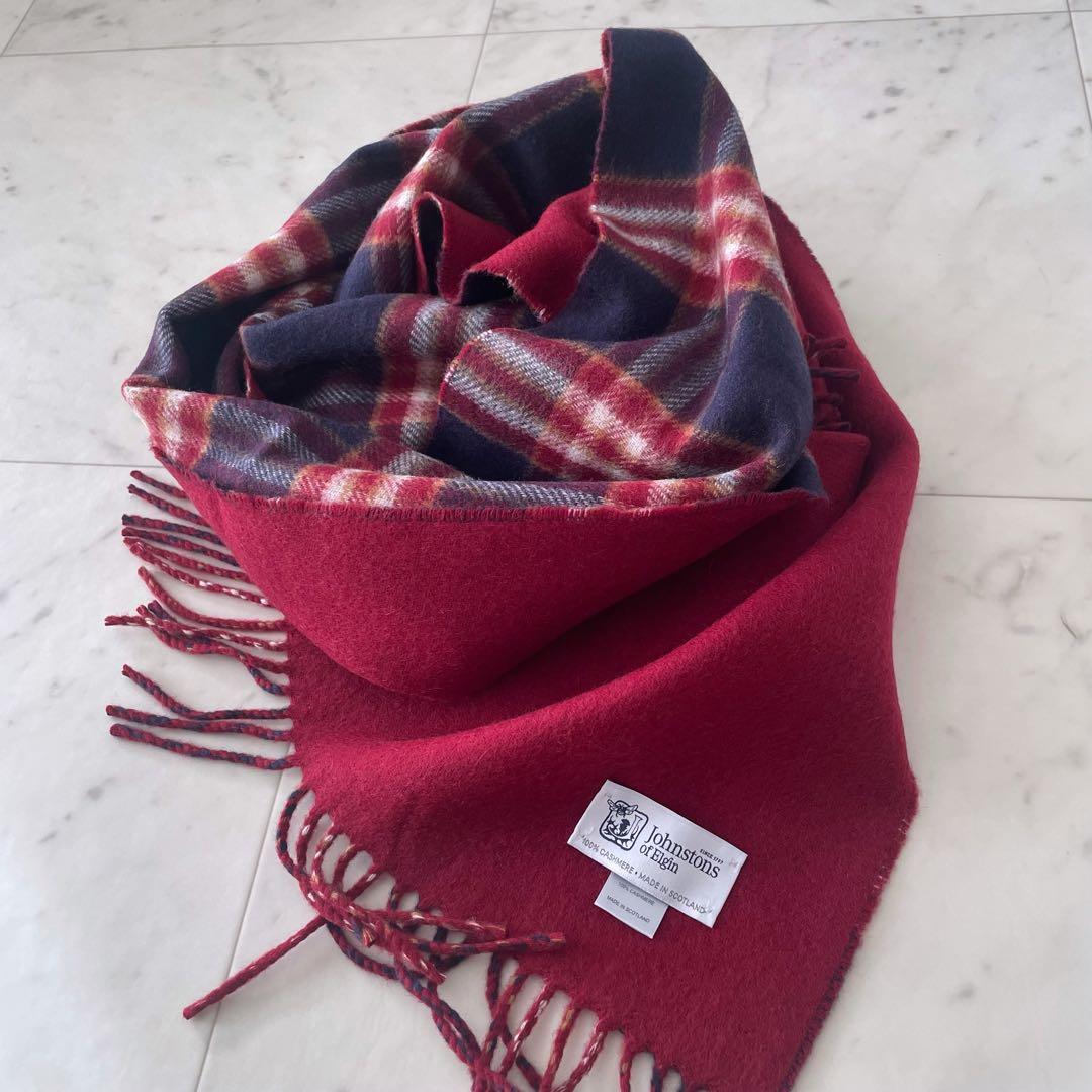 未使用＊ジョンストンズ フリンジマフラー カシミヤ100% チェック