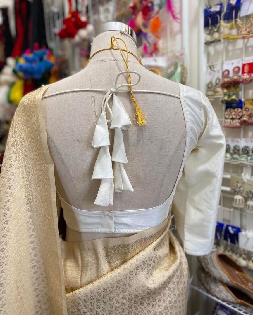 ベージュ プリント サリー 半袖ブラウス付き