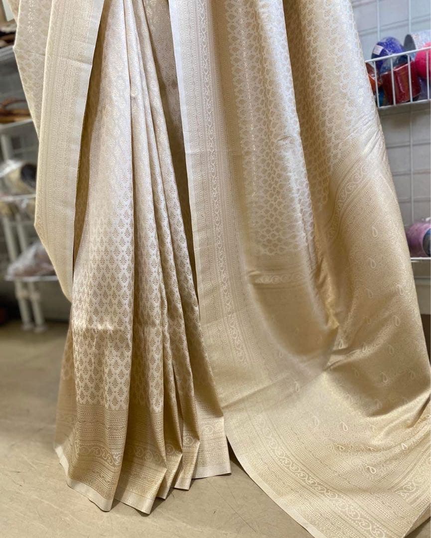 ベージュ プリント サリー 半袖ブラウス付き