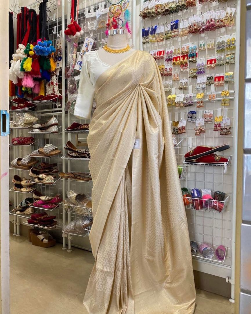 ベージュ プリント サリー 半袖ブラウス付き