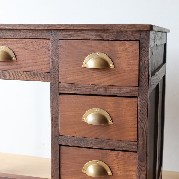 アンティーク ナラ材 ロクロ脚 片袖机 レトロ 真鍮金具 デスク 古家具