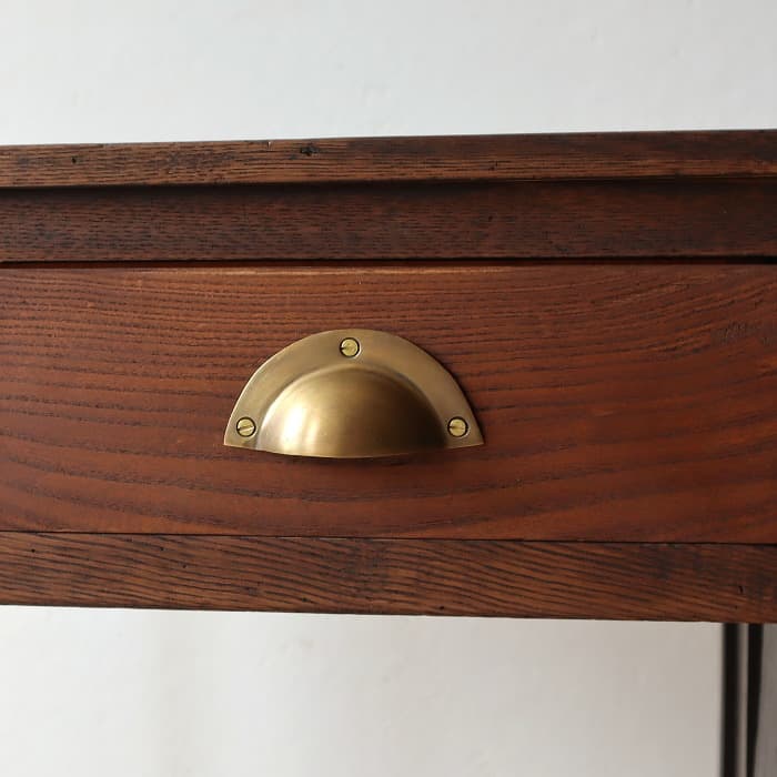 アンティーク ナラ材 ロクロ脚 片袖机 レトロ 真鍮金具 デスク 古家具