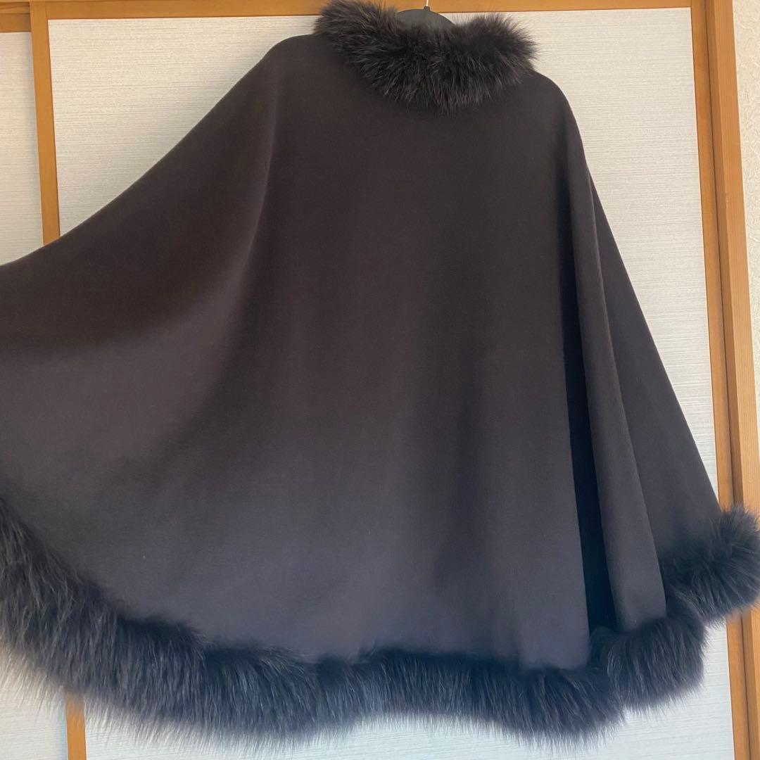 カシミヤ100% ケープコート　ダークグレーポンチョ