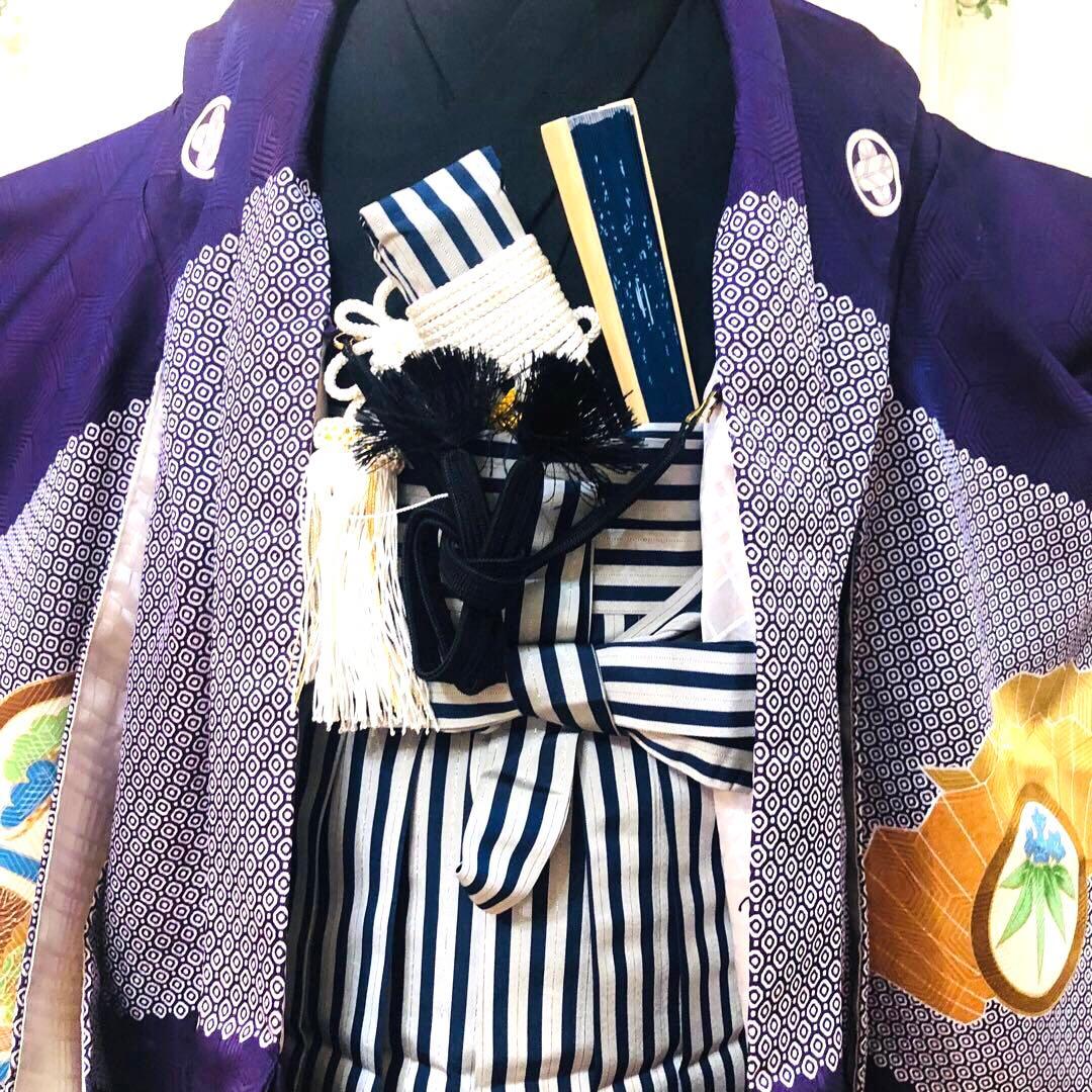美品‼️七五三 五歳‼️紫色に兜鷹凛々しい金彩煌びやか❤️完全フルセット‼️家から揃え無
