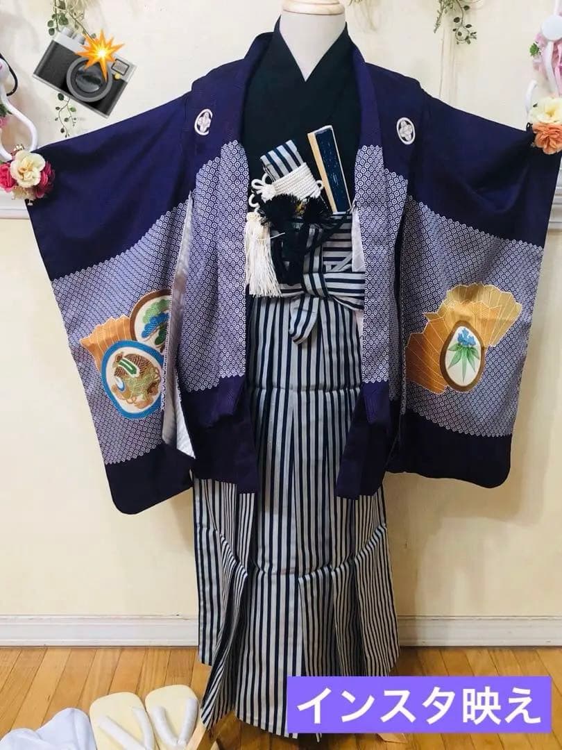 美品‼️七五三 五歳‼️紫色に兜鷹凛々しい金彩煌びやか❤️完全フルセット‼️家から揃え無