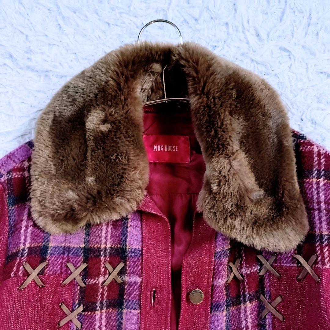 【メルヘン】PINKHOUSE　デニムツイードファージャケット　赤ピンク