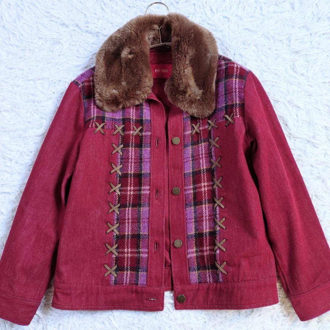 【メルヘン】PINKHOUSE　デニムツイードファージャケット　赤ピンク